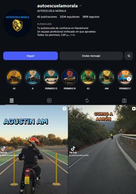 Captura del perfil de Instagram de Autoescuela Morala, con sus publicaciones de prácticas
