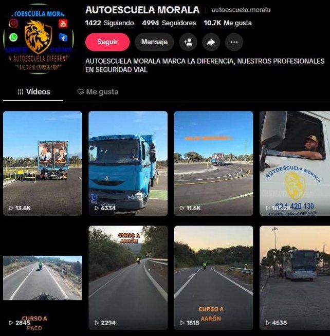 Captura del perfil de TikTok de Autoescuela Morala, con vídeos de prácticas de camión y moto